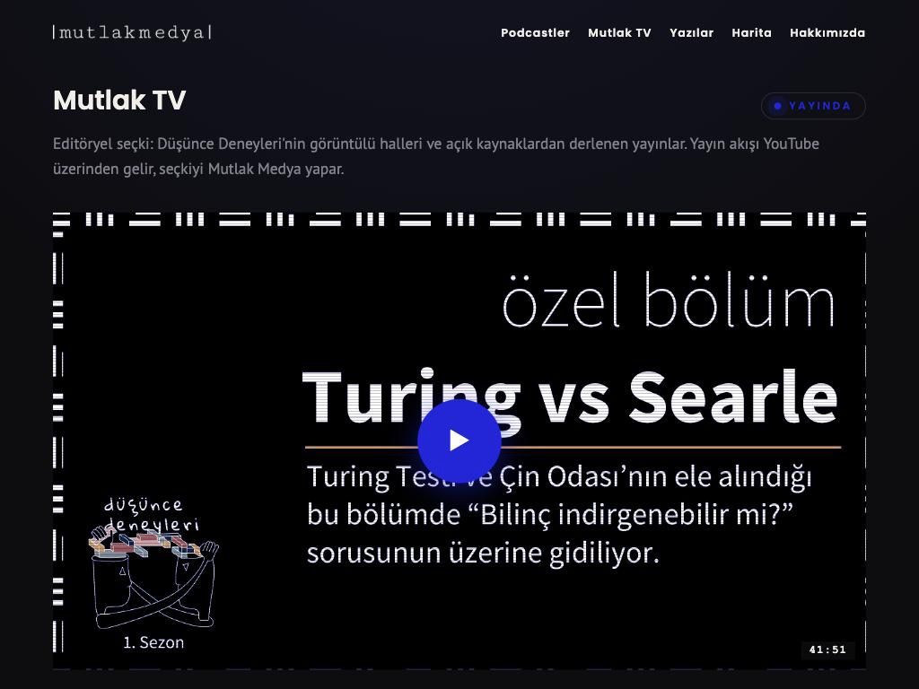 The Mutlak TV page: an episode of Düşünce Deneyleri, Turing vs Searle, ready to play.